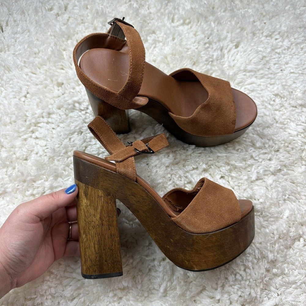 Lulus Leather Cognac Suede Wooden Platform Heels Size 8